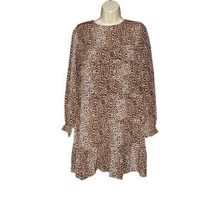 Ann Mashburn Size Small 100% Silk Animal Print Short Dress Brown Black Ruffled